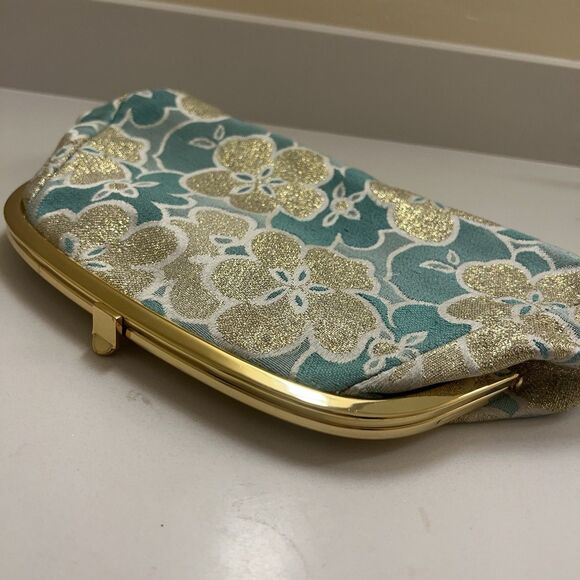 Banana Republic 2005 Silk Evening Clutch Bag Floral Gold Metallic Tiffany Blue - Picture 9 of 9